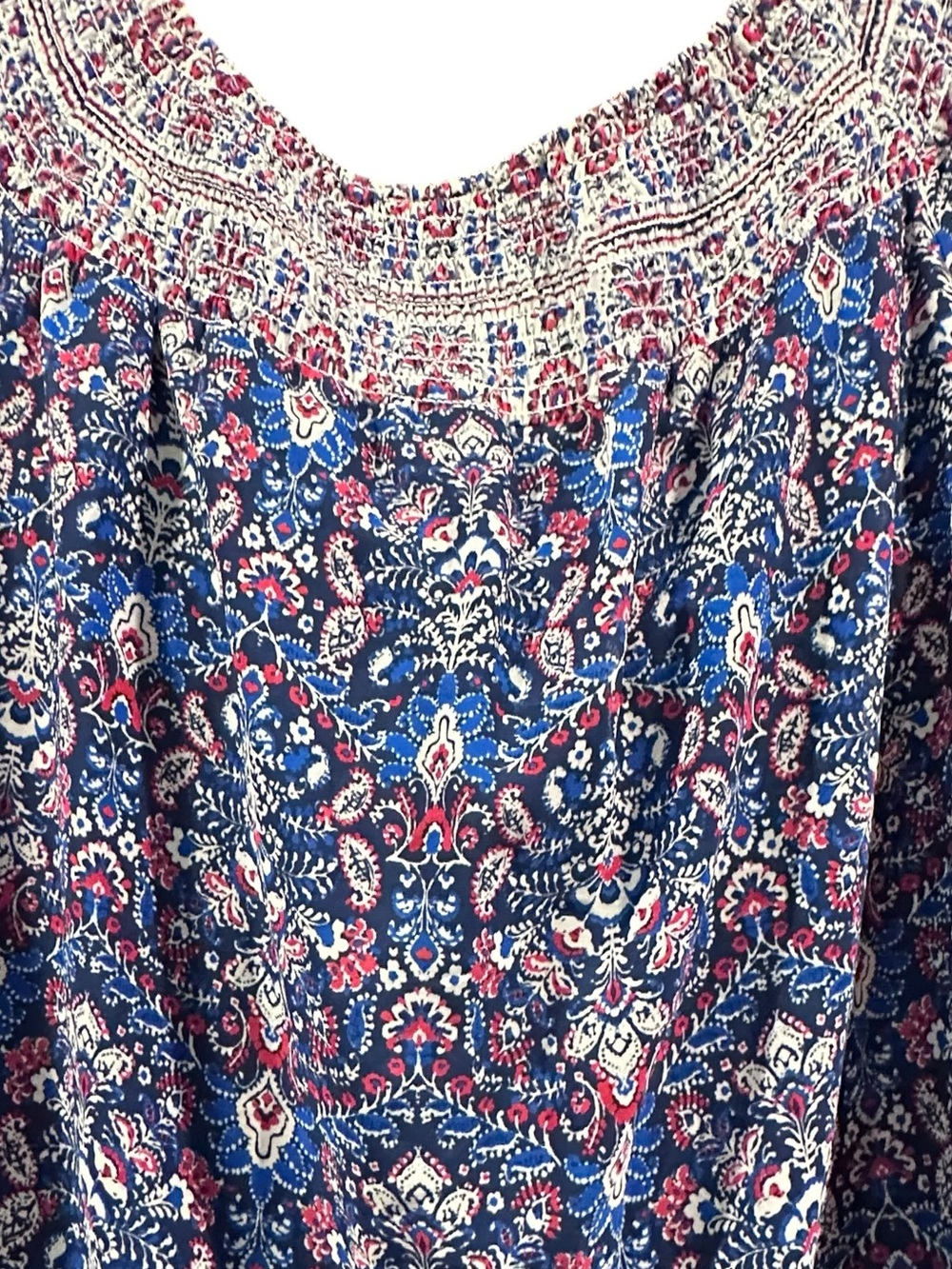 Alyx Women’s 1X Boho Peasant Blouse Blue Red Paisley Smocked Off Shoulder NWT - Picture 4 of 15